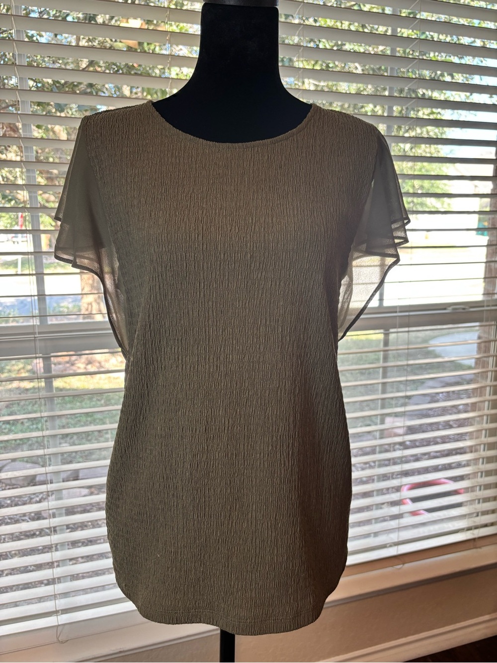 Calvin Klein Olive Textured Flutter-Sleeve Blouse